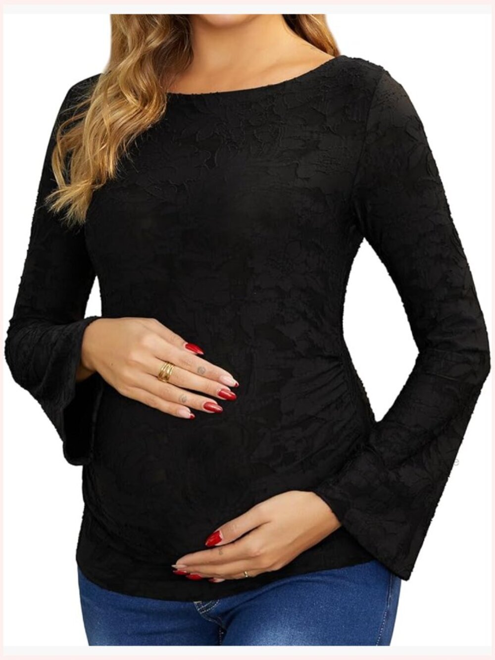 Maternity Lace Bell Sleeve Blouse Semi-Sheer Floral Long Sleeve Top Bodycon Work